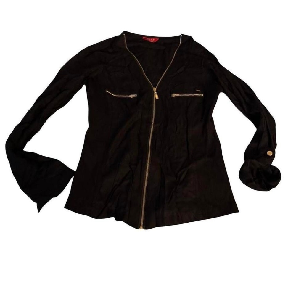 GUESS Black Gold Zip Front Long Sleeve Blouse Top Womens XS